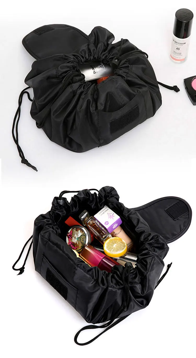 Custom Logo Black Drawstring Makeup Bag Waterproof Toiletry Bag Large