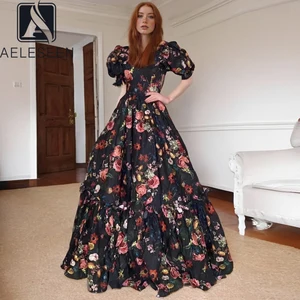 AELESEEN Bohemian Summer Long Party Dress Women Square Collar Puff Sleeve Flower Printed Elegant Ruffles Evening Prom Female