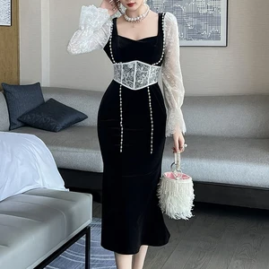ZYHT 15325 Wholesale Spring Trendy Fashion Long Sleeve Dinner White Lace Black Velvet Elegant Party Dress Women Evening Dresses