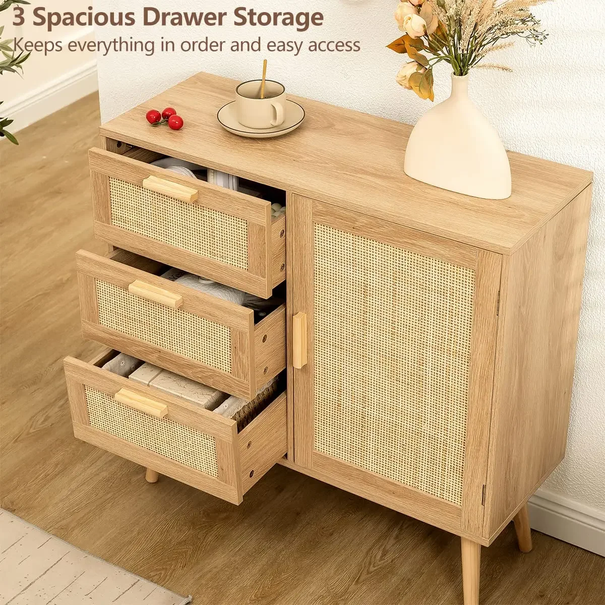 Rattan Wood Living Room Storage Cabinets General Use Home Furniture For ...