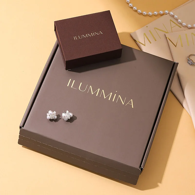 Wholesale Beige PU Leather Square Flip-top Jewelry Gift Box with Shipping Bag Custom Logo Packaging for Rings Earrings Necklaces factory