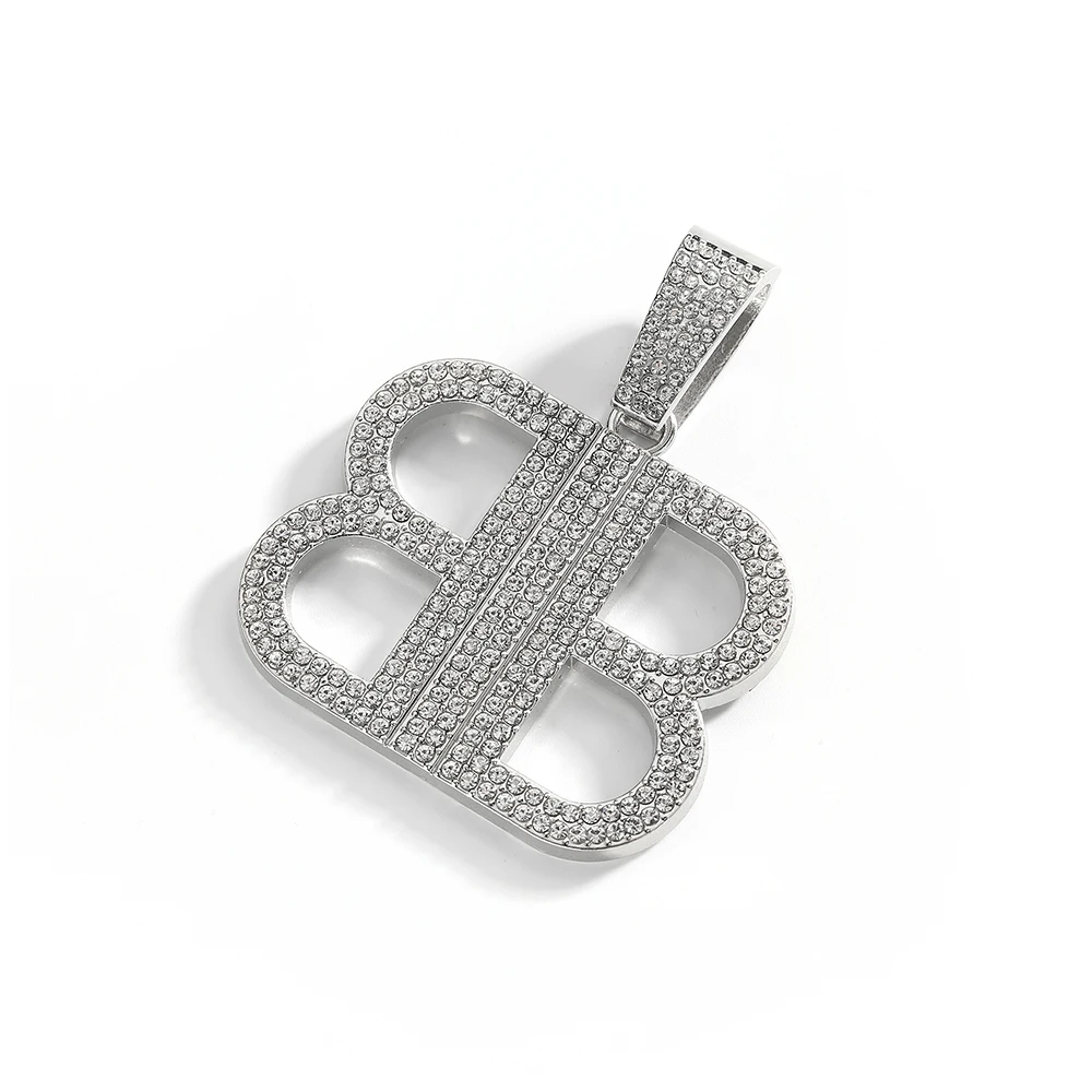 Hip Hop Rhinestone Cuban Link Chain with Double Letter B Pendant