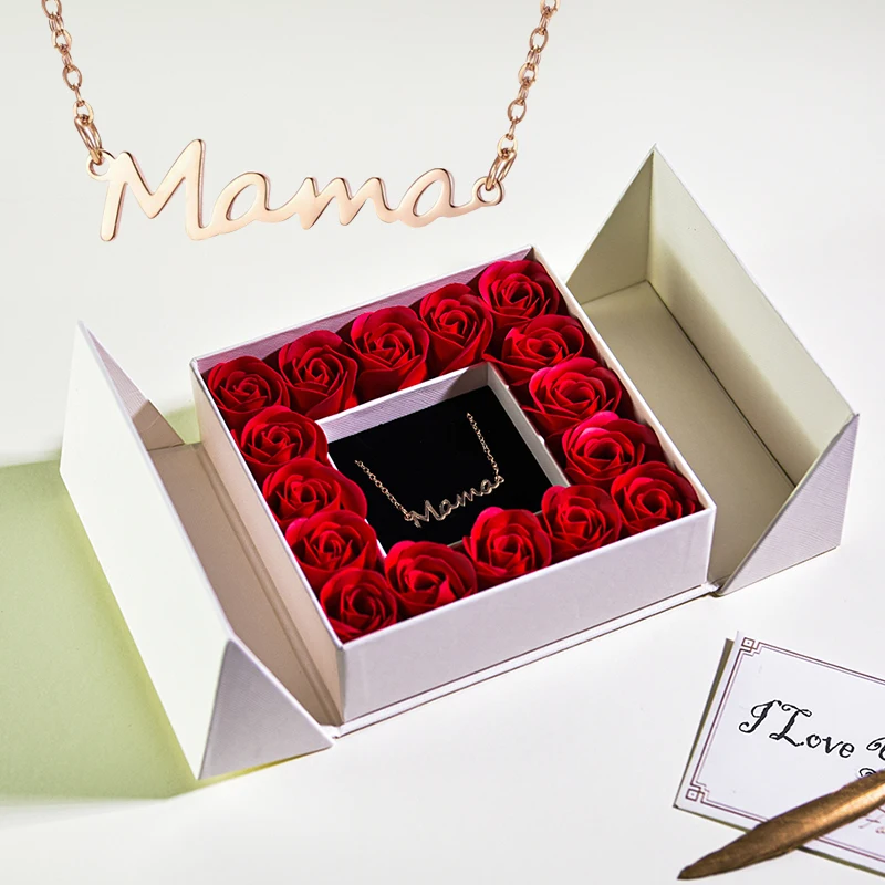 Wholesale Mothers Day Jewelry Gold Mama Necklace With Eternal Rose