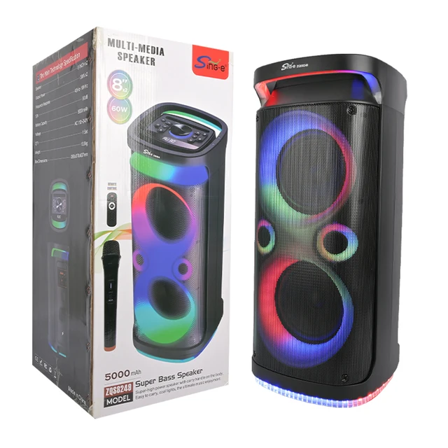 SING-E ZQS8249 Dual 8-Inch Outdoor Party Speaker Bluetooth EQ Color LED & Cold Light Mini Size Battery Powered