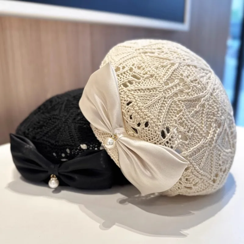 2333 Women Beret Hat Trendy Bow Pearl Woven Beret Summer Hollow Out Hat Women Beret Hat Trendy Bow Pearl Woven Beret Summer Hollow  main image 3