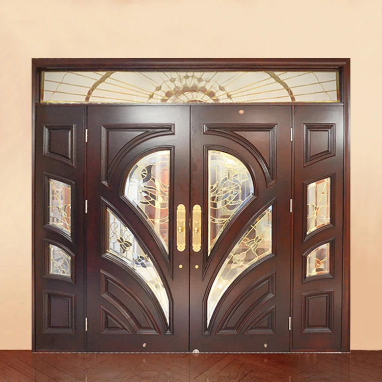 Outside Front Entry Mahogany Color Double Solid Wooden Main Entrance Gate Door Designs for House Villa Home Exterior