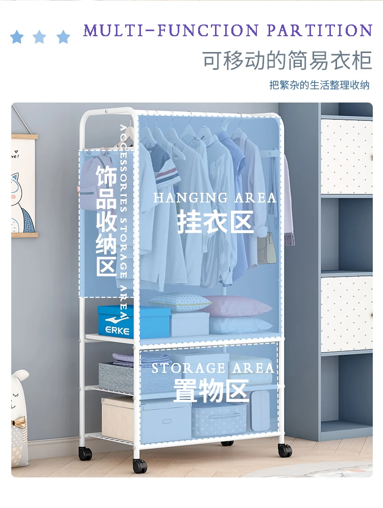 New Arrivals Movable Modern Clothes Rack Balcony Bedroom Hanger Clothes Storage Rack Multifunction Coat Hat Rack With Wheels