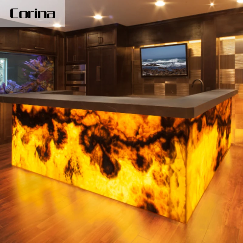 Custom Co Rian Translucent Onyx Marble Stone Illuminated bar Luminous bar Western Style bar Counters Design