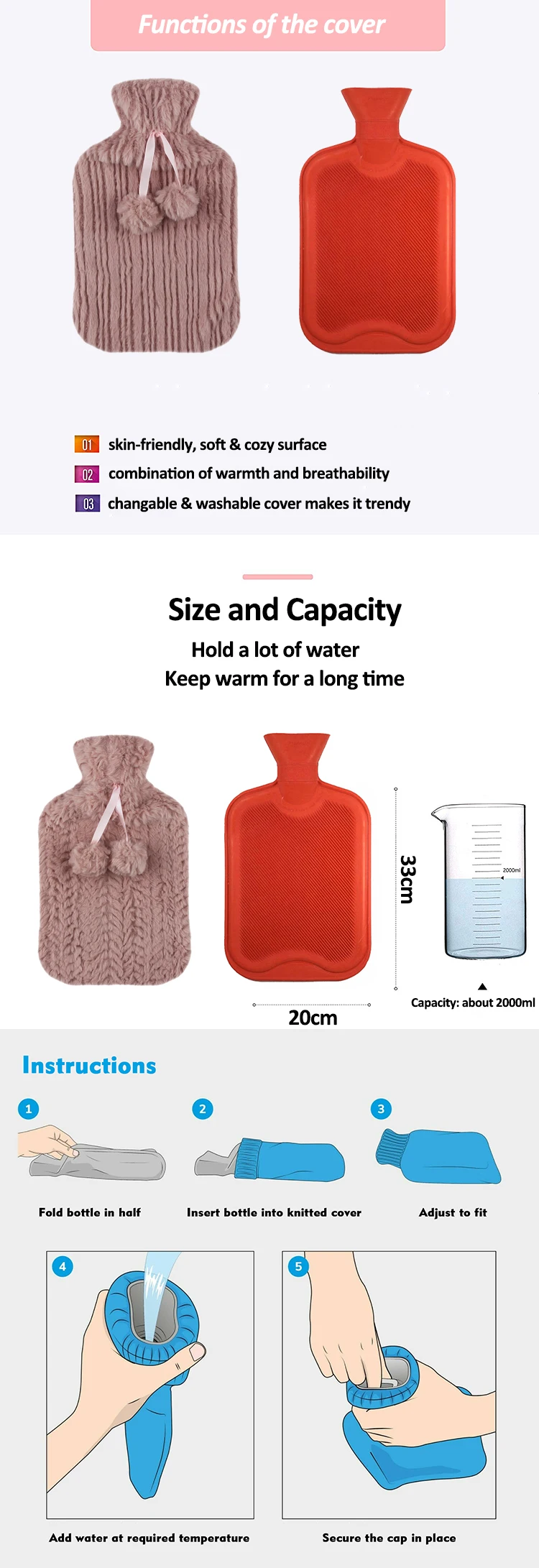hot selling winter warm 1l / 2l hot water bottle bag pvc / rubber hot water bag customized plush faux fur cover