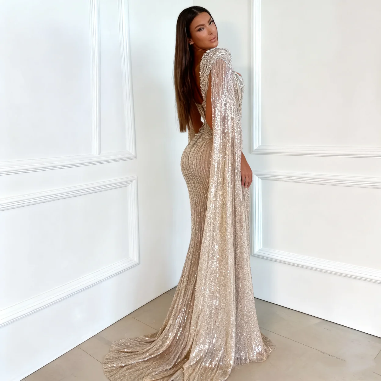 knee length dresses for ladies Luxury Beaded Lace Prom Dresses Long Sleeve Sheath Evening Gown 22095 Dusty Blue / US2 main image 1