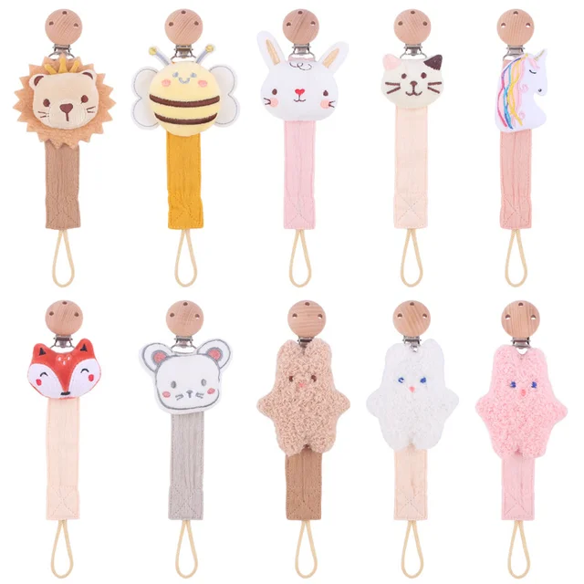 New baby products beech wood pacifier clip cartoon animal cotton linen babies pacifier rope pacifier chain