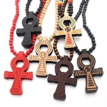 Mens Hiphop Egyptian Jewelry Necklace 8mm Wood Bead Chain Ankh Cross Necklace