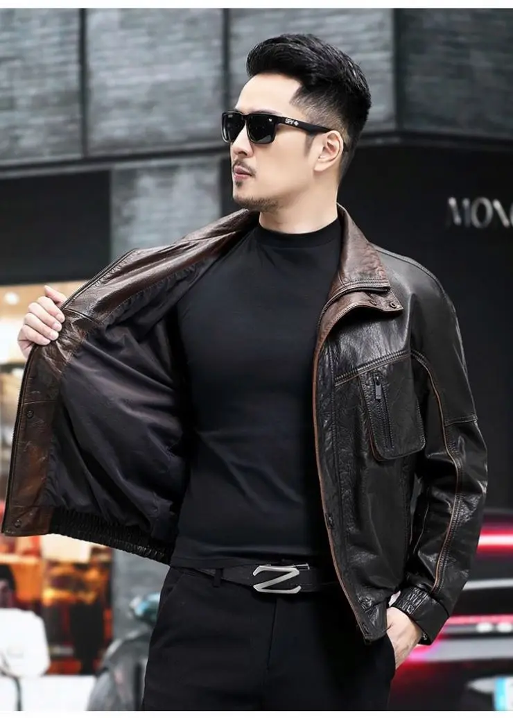 Men's Vintage Bomber Coat Thicken Cargo Motorcycle Jacket Biker Jackets European Winter Warm Real Leather Knitted_voghion.com