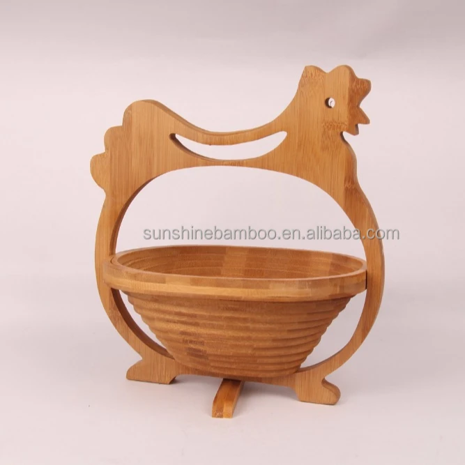 The Cock Shape Folding Serving Apple Basket Bamboo Fruit Basket With Handle