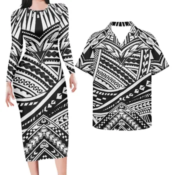 7xl Fashion Party Samoan Tribal Black Dresses For Plus Size Women Straight Fit Tshirt Long Dress With Sleeves Couple Clothes Set