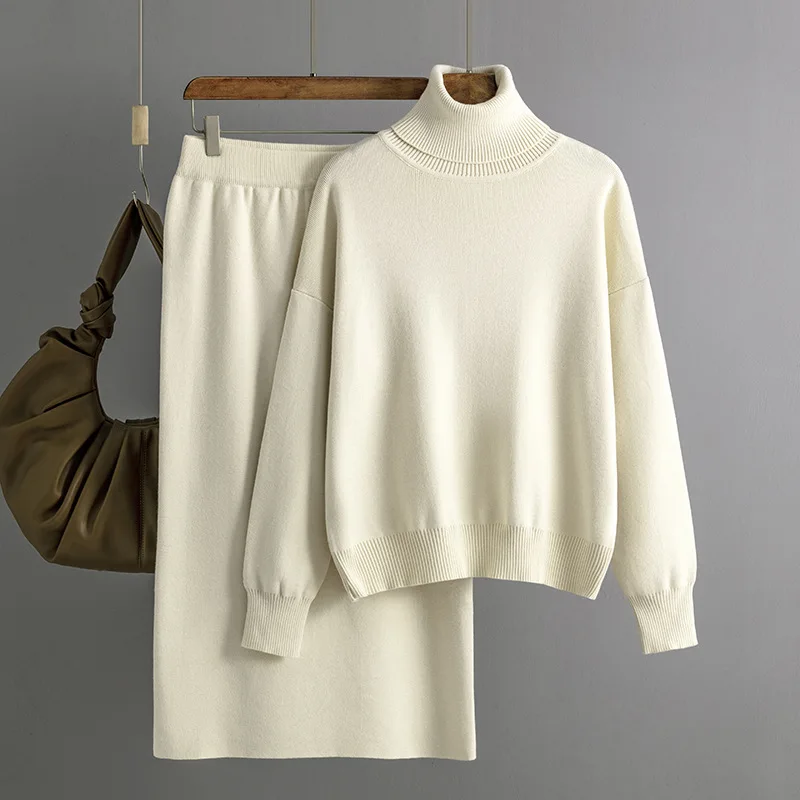 Women's Clothes Solid Color Turtleneck Sweater Half Body Hip Skirt Two ...