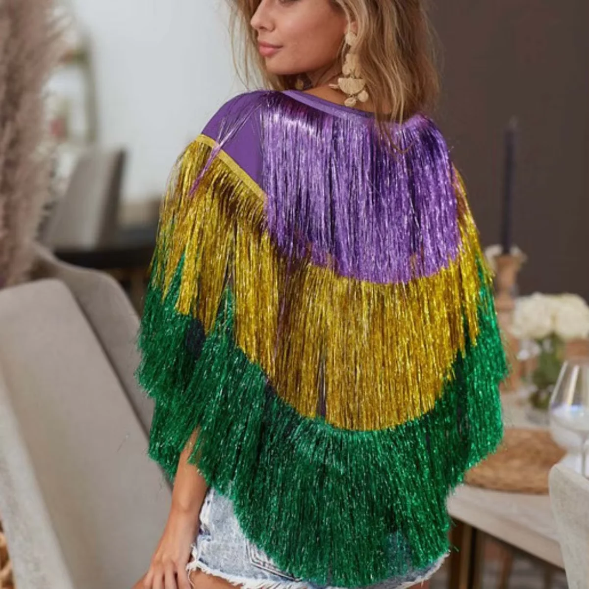 Custom Shimmering Water Fall Tinsel Shawl Fringe Clothes Apparel