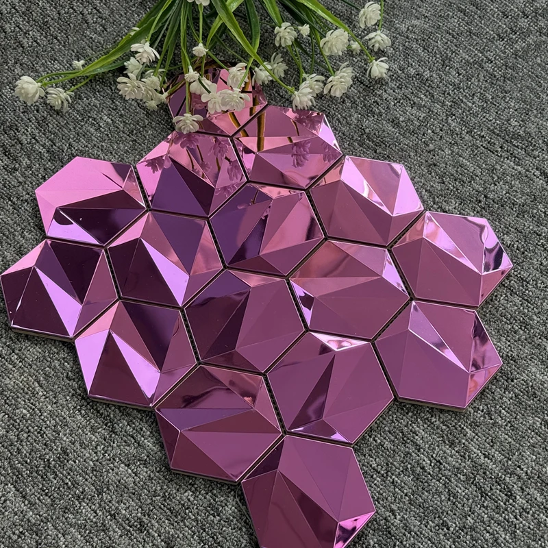 Hexagonal Metal Mosaic 3D Stereo Beveled Glass Tile for KTV Interior Background Wall Decoration Graphic Design Capability