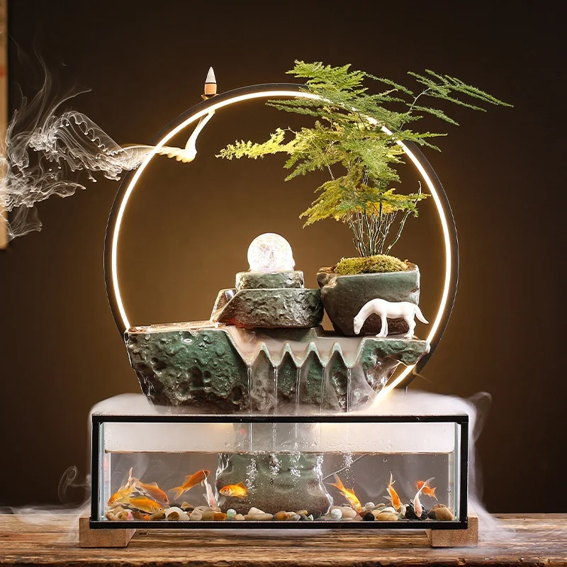 HSINYA Fontaine à eau d'intérieur avec lumière LED pour la méditation avec encens à refoulement - Décoration japonaise avec fausses plantes - Décoration Feng Shui pour la chance et la richesse