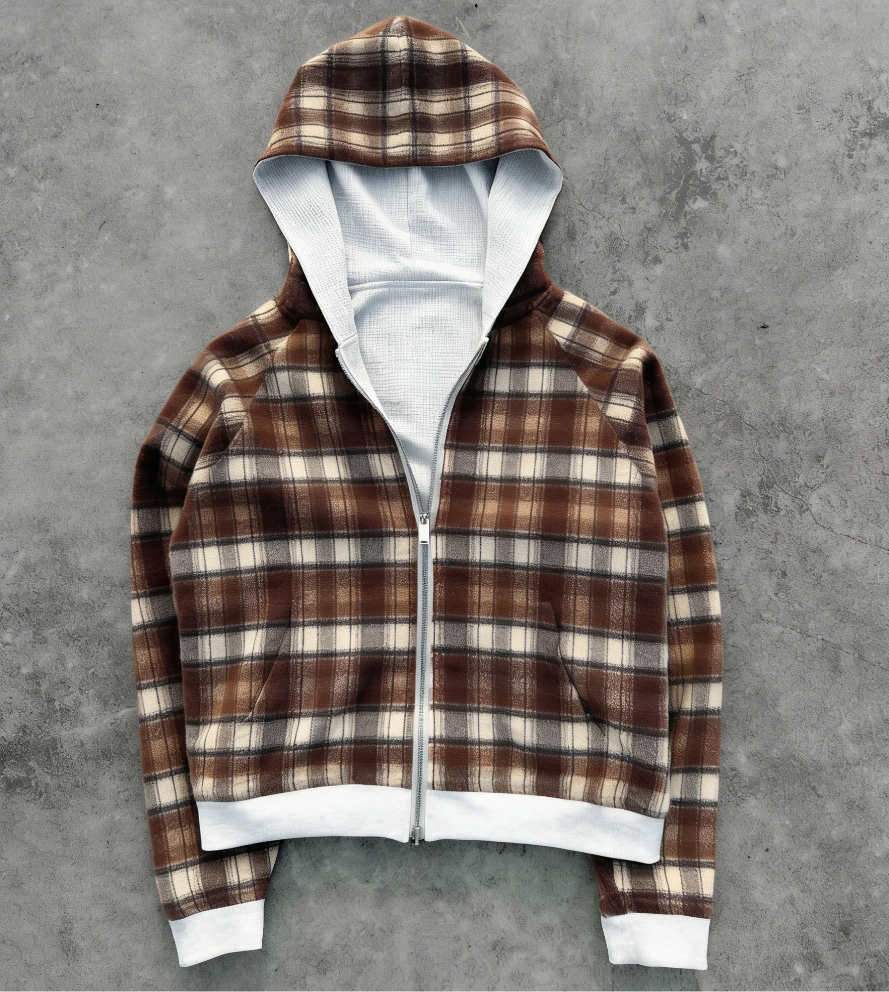 SALATI Custom Baggy Flannel Plaid Double Layer Patchwork Reverse Zip up Waffle Knit Thermal Oversized Men's Hoodies & Sweatshirt gallery 4