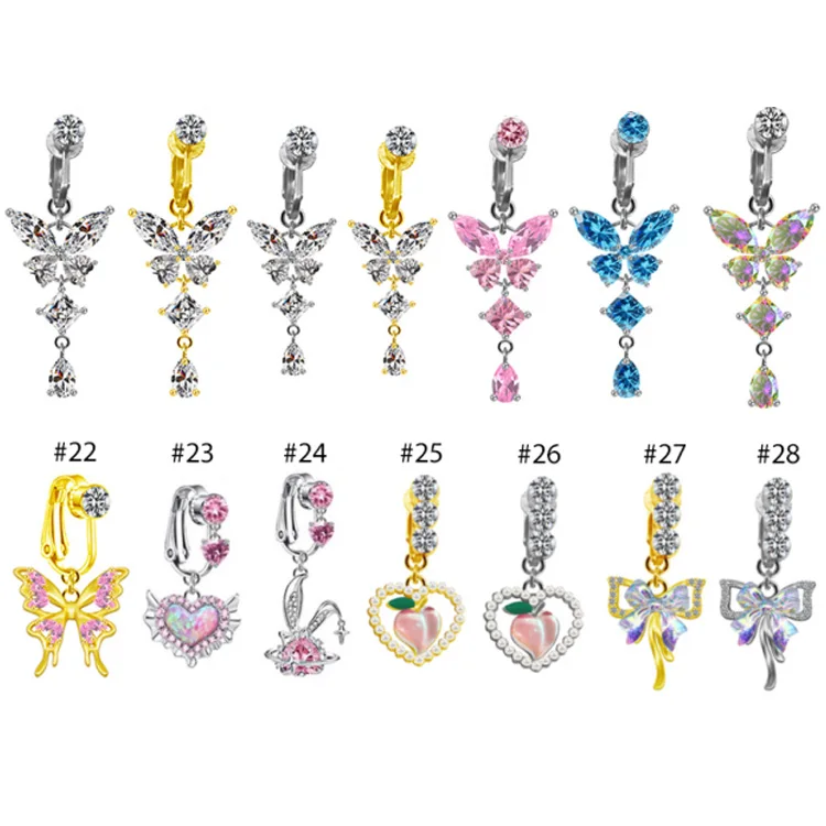 6 Faux Piercings Nombril – Clip – Sans Perçage – Cuivre Hypoallergénique – Styles Cœur, Papillon, Zircon – Pour Femmes
