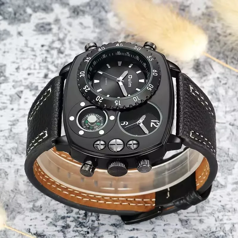 OULM 9865 Men Casual Fashion Multiple Time Zone Wrist Watches Luminous Analog Display COMPASS Leather Band Watch