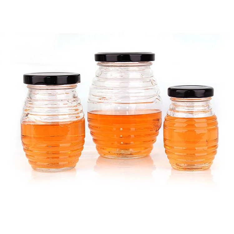 Cheap 70ml 180ml 380ml 730ml Honey Jam Glass Jars in Bulk with Black Metal Lid