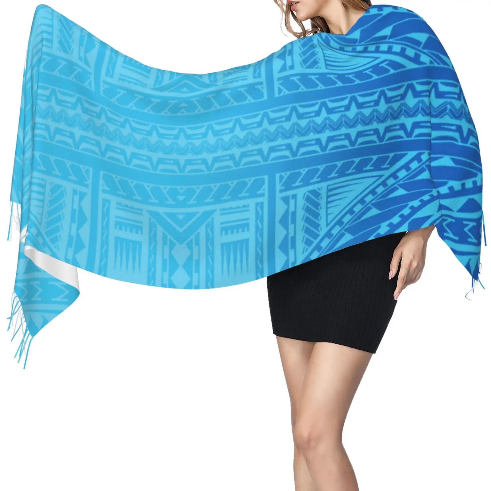High Quality Customized Warm Winter Pashmina Shawl Scarf With Tassel Blue Polynesian Samoa Tribal Design Poncho Shawl Scarf_voghion.com