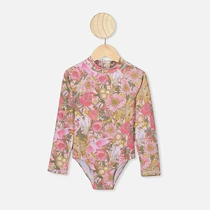 Custom Summer Kids Long Sleeve One-Piece Bikini Beachsuit Hawaii Theme Flower Print Baby Girls' Swimwear for Children