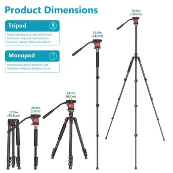 Neewer 2-in-1 Aluminum Alloy Camera Tripod Monopod 70.8 Inches/180cm with 1/4 and 3/8 Inch Screws Fluid Drag Pan Head detail image
