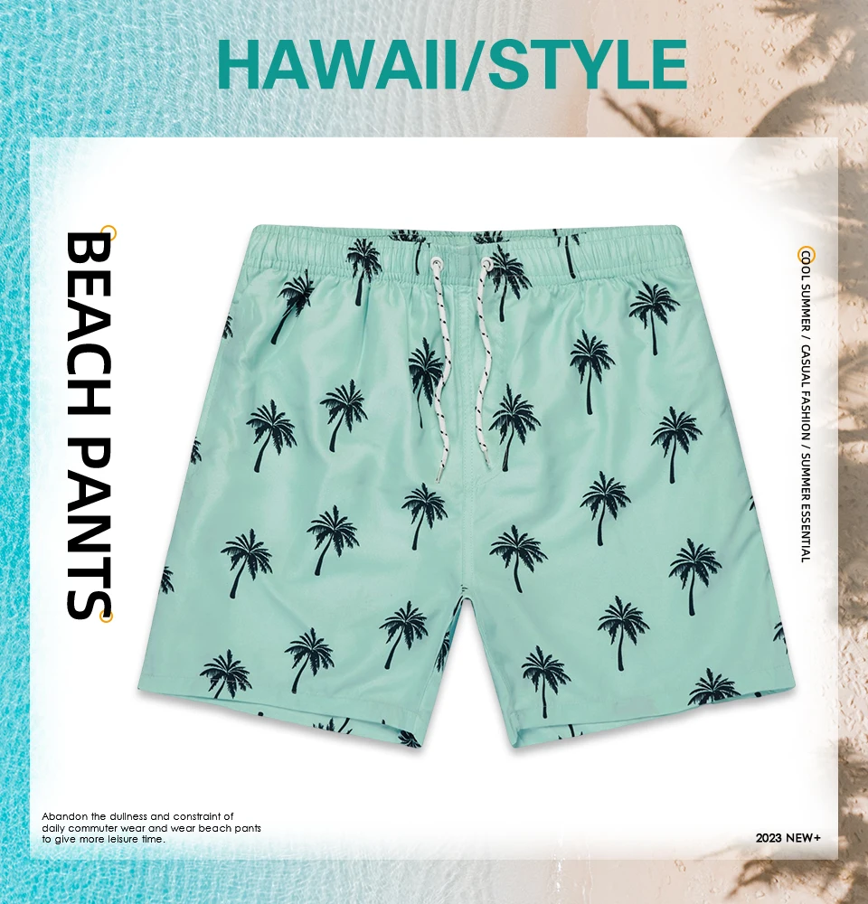 Coconut Tree Print Men's Shorts Summer Beach Wear Polyester Fabric Elastic Waistband Board Shorts For Men694_voghion.com
