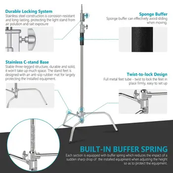 Neewer Stainless Steel Heavy Duty C-Stand, 5-10 Feet/1.5-3 Meters Adjustable Photographic Sturdy Tripod for Reflectors Softboxes detail image
