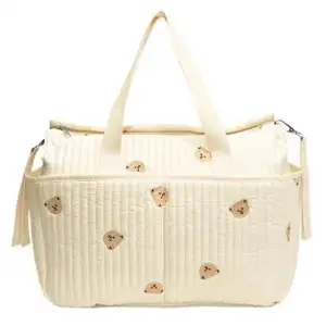 Mom Diaper Organizer Cotton Quilted Mommy Tote Bag Large Capacity Custom Zipper Stroller Hanging Bag for Mommy