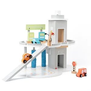 Best-selling Pretend Parking Lot Double Deck Simulation Transportation Gas Station Wooden Vehicle Toy for Kids Boys & Girls