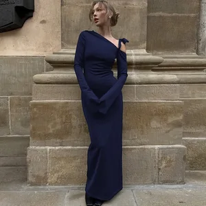 Hot Selling Bulk Wholesale New Autumn Women's Casual Maxi Dress Off-Shoulder High Waist Split Hem Long Sleeve Fashion