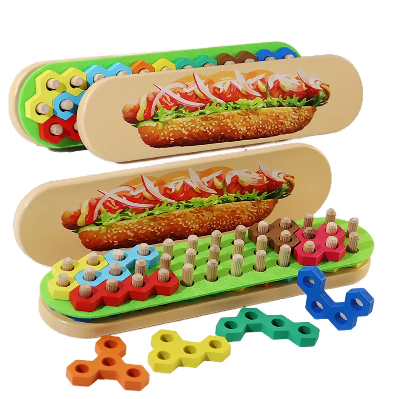 Unisex Wooden Puzzle Hot Dog Hamburger Column Building Block Kids' Early Education Enlightenment Logical Thinking Wholesale