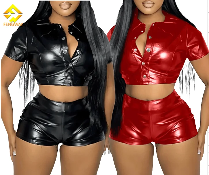 Xs Women Clothes 2024 Summer Female Set Black Pu Leather Two Piece