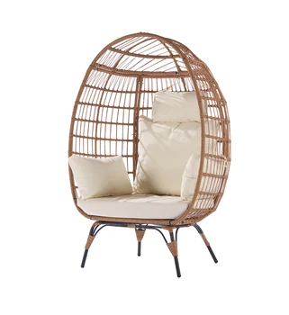 Beige Color Wicker Egg Chair Oversized Indoor Outdoor Lounger for Patio Backyard Living Room w/ 5 Cushions Steel Frame