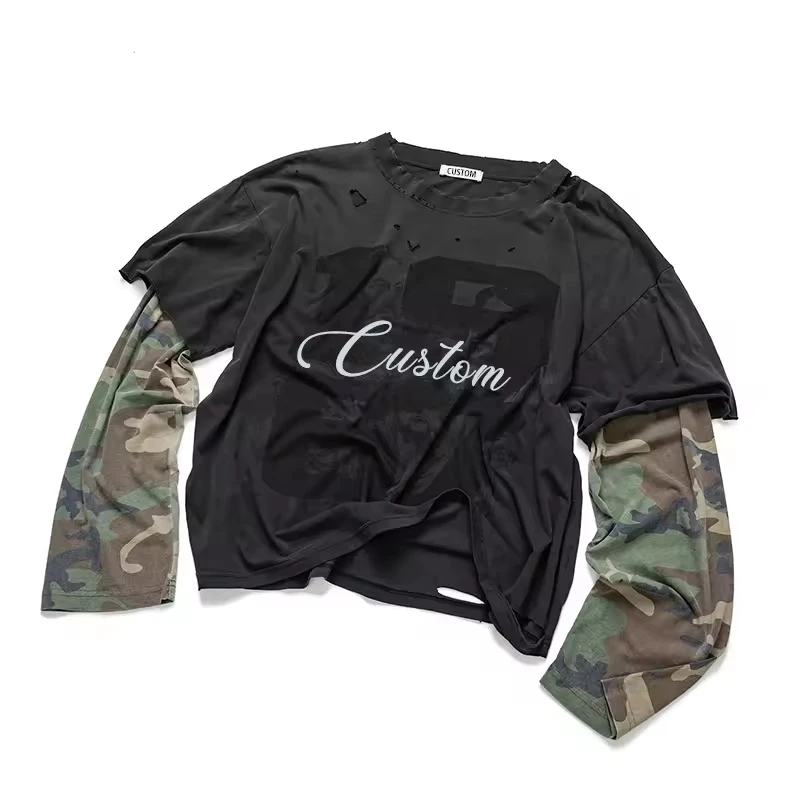 For Men Vintage Oversized Streetwear Acid Wash Cotton T Shirt Custom Distressed Double Layer T-Shirt Men'S Long Sleeve Shirts gallery 4