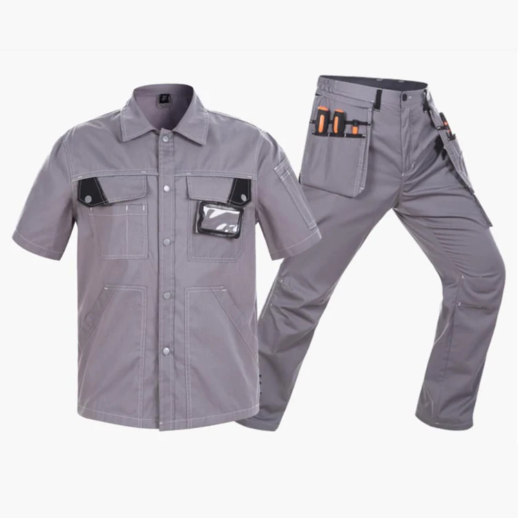 Warehouse Staff Hi Visibility Breathable Workwear Sets Summer Embroidery Name Card Cotton Twill Factory Workers Short Sleeve