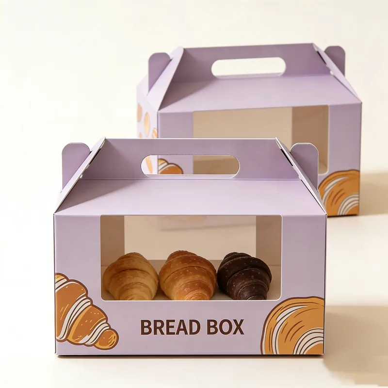 Cynhwysydd papur bwyd â phrintio addasiadwy a ffenestr: Bocs papur bara croissant, bocs pecynu sainwic puff