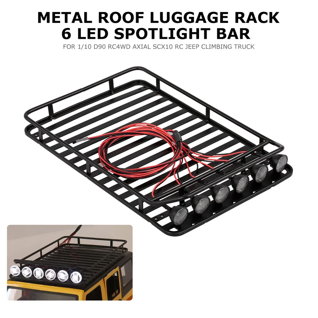 Metal Roof Rack with 4 LED Lights for 1:10 RC Rock Crawler SCX10II 90046 90047 SCX10 D90 Wrangler Trx4 Luggage Rack