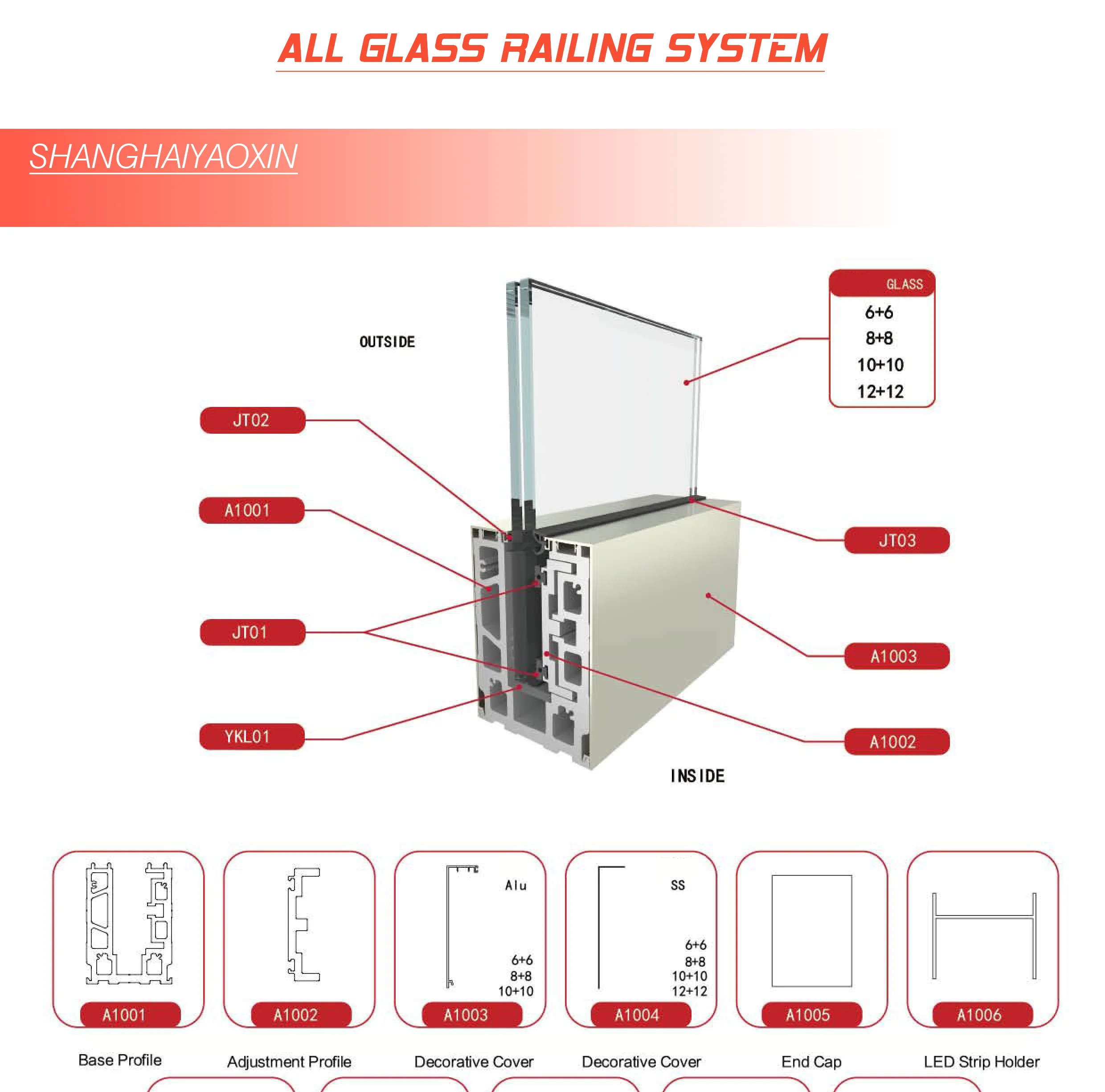 Modern Design Aluminum U Channel Led Glass Railing System For Frameless ...