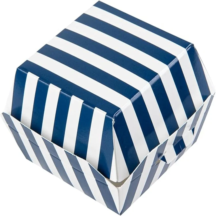 Custom 2.5 X 2.5 X 2 Inch Mini Burger Boxes Hinged Lid Striped Blue and White Paper Take Out Boxes Serve Sliders or Finger Foods
