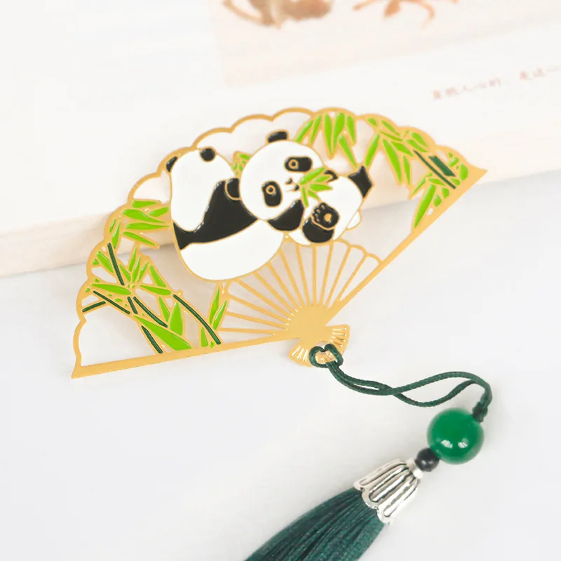 DeryArcle 2Pcs Cute Panda Bookmarks, Chinese Style Fan Book Marks Metal