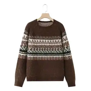 Cross-border Korean European and American Women's Autumn Long Sleeve Loose Vintage Pattern Jacquard Polyester Sweater