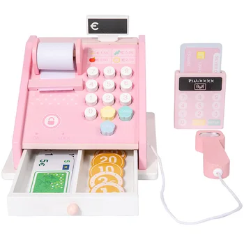 Wooden simulation play house toys supermarket shopping cash children counting code scanner vending cash registers