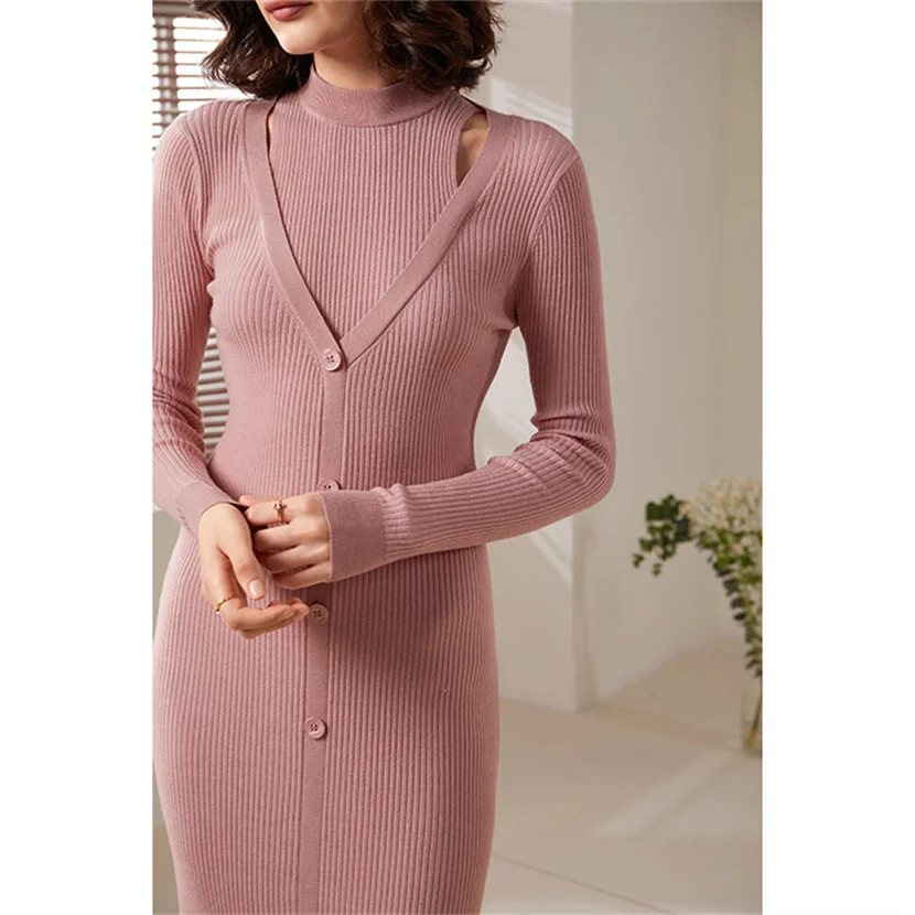 knee length dresses for ladies MO&Co. Women's Half Button Long Sleeves Wool Knit Dress in Black Black Size M main image 1