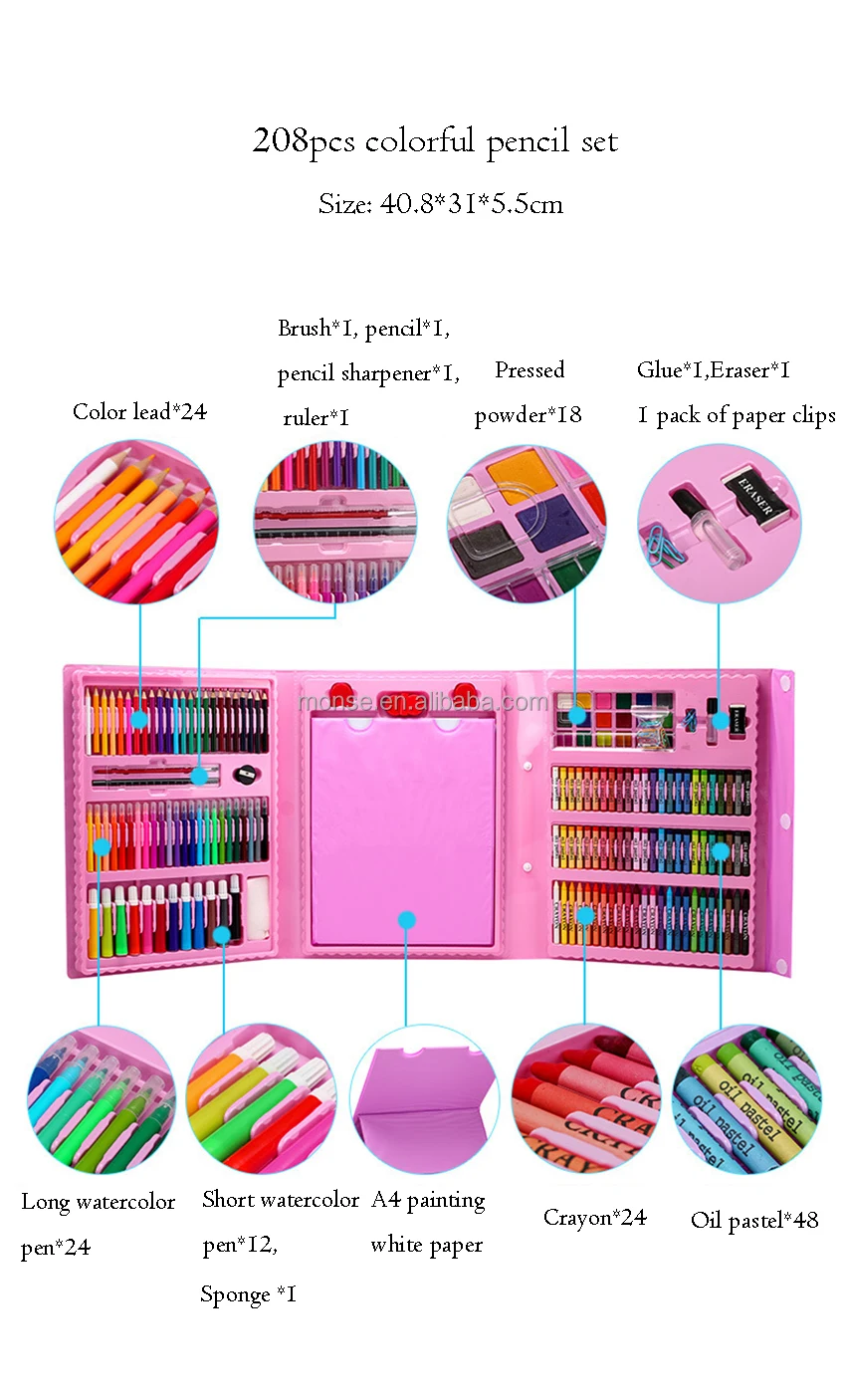 208 Pcs Drawing Washable Watercolor Pencil Kit Kids Graffiti Painting