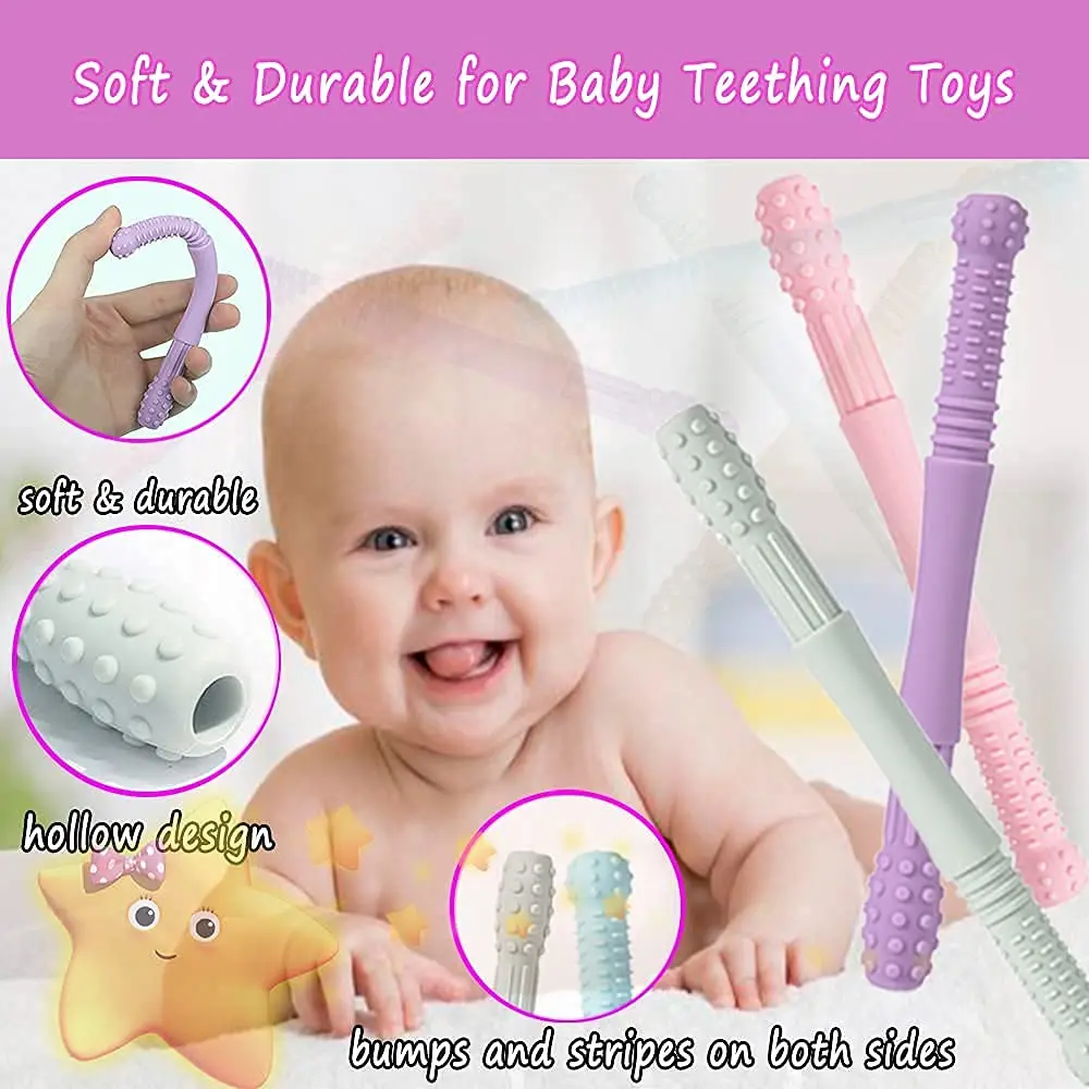 Hot BPA Free 0-12 Months Infant Easy to Hold Never Drop Soothing Teething  Pain Silicone Toy Baby Teether Tubes
